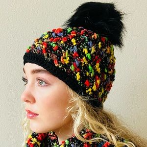 Hand-Crocheted Multicolor Winter Beanie Hat with Black Faux Fur Pom